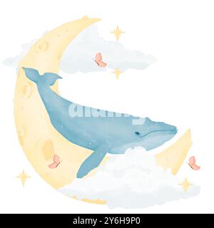 Bleu baleine avec la nouvelle lune, avec des nuages et des étoiles, illustration composition aquarelle numérique pour enfants pour l'impression et le web Banque D'Images