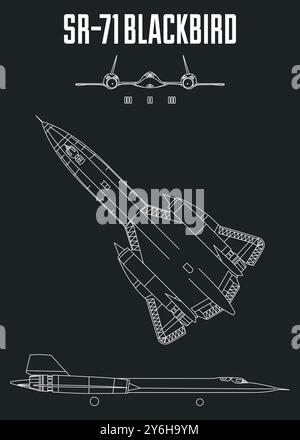 Dessin détaillé du SR-71 Blackbird, un avion de reconnaissance supersonique. L'image présente trois vues différentes Illustration de Vecteur