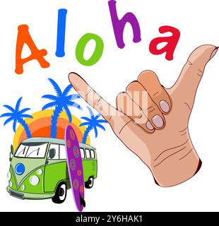 Aloha Shaka Hawaii Hawaii Hand Sign avec illustration vectorielle de planche de surf Illustration de Vecteur