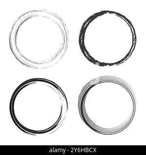 Icônes de cadre circulaire. Cercles de grunge abstraits. Formes arrondies vectorielles. Dessin de contour dessiné à la main. Illustration de Vecteur