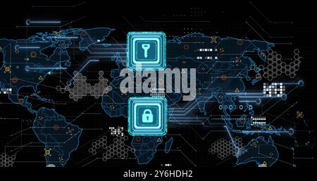 Image de la carte de circuit imprimé, clé et icône de cadenas et réseau de connexions sur la carte du monde Banque D'Images