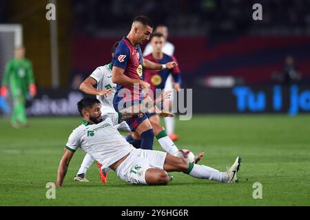 Barcelone, ESP. 25 septembre 2024. FC BARCELONA VS GETAFE CF. 25 septembre 2024 Ferran Torres (7) du FC Barcelone affronte Alderete (15) du Getafe CF lors du match entre le FC Barcelone et le Getafe CF correspondant à la septième journée de la Liga EA Sports au stade Olimpic Lluis Companys de Montjuic à Barcelone, Espagne. Crédit : Rosdemora/Alamy Live News Banque D'Images