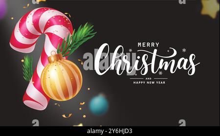 Conception de modèle de vecteur de voeux joyeux noël. Texte de voeux de Noël sur fond noir élégant avec canne à bonbons, boule de motif et feuilles de sapin Illustration de Vecteur