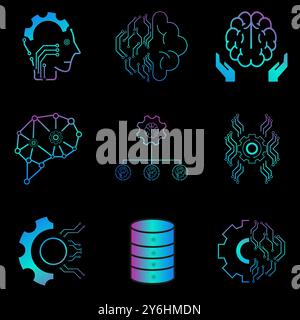 Neuf icônes colorées d'IA vectorielles roses et bleues lignées liées aux concepts technologiques et aux icônes de technologie humaine, à l'analyse de texte et à l'exploration de texte sur da Illustration de Vecteur
