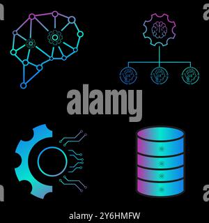 4 colorées d'icônes d'IA vectorielles roses et bleues lignées liées aux concepts technologiques Illustration de Vecteur