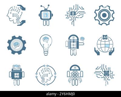 Douze icônes de ligne d'intelligence artificielle, 12 ai pour les concepts de symboles technologiques et 12 icônes cybernétiques, ai, vecteur technologique, illustration Illustration de Vecteur