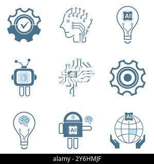 Groupes de NEUF icônes de ligne d'intelligence artificielle, 9 ai pour les concepts de symboles technologiques, et neuf icônes cybernétiques, ai, vecteur technologique, illustratio Illustration de Vecteur