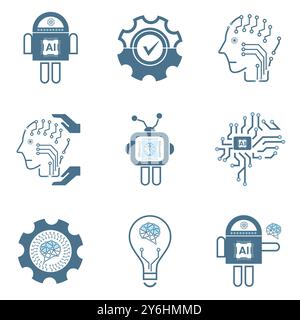 Ensemble de 9 icônes ai, symboles. Groupes d'icônes de ligne d'intelligence artificielle concepts de technologie, et cybernétique, ai, vecteur de technologie, illustration desi Illustration de Vecteur
