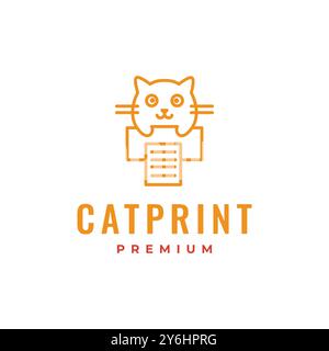 chat avec imprimante de papier mignon mascotte moderne personnage de dessin animé de style de ligne simple logo design illustration d'icône vectorielle Illustration de Vecteur