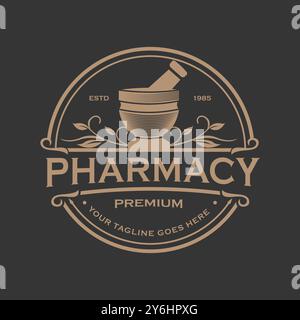 Conception classique de logo de pharmacie avec bol de poinçon de style traditionnel et illustration vectorielle rétro rétro de fond sombre Illustration de Vecteur