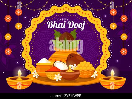 Happy Bhai Dooj Indian Festival Celebration illustration vectorielle de Sœurs priant pour la protection de leurs Frères avec l'application d'un point de front Illustration de Vecteur