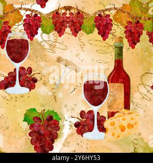 Une illustration charmante et charmante mettant en valeur le vin, le fromage et le raisin, idéal pour l'automne et les thèmes culinaires. Art numérique dans le style aquarelle, pour l'impression sur tissu et papier. Banque D'Images