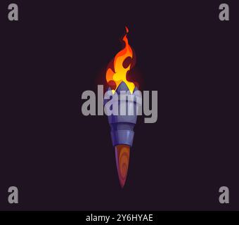 Atout de jeu de torche de feu médiévale. Vecteur de dessin animé flambeau antique avec feu brûlant. Tribal isolé, lampe torche flamboyante ou lanterne lumineuse brillante dans l'obscurité, torche sur poignée décorée en bois Illustration de Vecteur