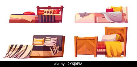Lits en bois ensemble isolé sur fond blanc. Illustration vectorielle de dessins animés de meubles de chambre en asiatique, scandinave, rustique, style classique, couvertures de couleur, coussins et draps de lit, textile de maison Illustration de Vecteur