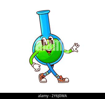 Personnage groovy de flacon d'école. Bécher de laboratoire vectoriel de dessin animé rempli de liquide vert, présente une expression joyeuse, porte des baskets et respire une ambiance éducative funky, prêt pour la science ludique Illustration de Vecteur