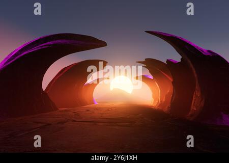 3d render illustration Une grande formation rocheuse courbe avec un soleil dans le ciel Banque D'Images