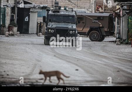 Jénine, Palestine. 25 septembre 2024. Véhicules militaires israéliens vus lors d'un raid militaire israélien de grande envergure qui a duré plus de 12 heures et qui se poursuit toujours dans la ville de Djénine, dans le nord de la Cisjordanie occupée. Crédit : SOPA images Limited/Alamy Live News Banque D'Images