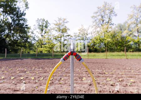 Configuration du système d'irrigation avec des tuyaux dans le champ, robinet égouttoir, système d'arrosage sur les terres agricoles, outils agricoles, concept d'équipement agricole Banque D'Images