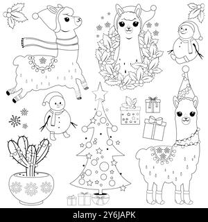 Ensemble lama de Noël. Lamas mignons dans les costumes du Père Noël, arbres de Noël, bonhommes de neige, cadeaux, objets de célébration. Coloriage noir et blanc. Banque D'Images