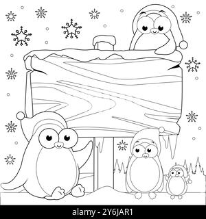 Paysage d'hiver de Noël avec des pingouins mignons et signe en bois vierge. Oiseaux de pingouin de Noël avec chapeaux de Père Noël. Coloriage noir et blanc. Banque D'Images