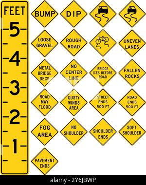 Panneaux d'avertissement de l'état de la chaussée et de la chaussée : bosse, creux, glissant lorsqu'il est mouillé, épaule molle et zone inondable. Panneaux de signalisation routière aux États-Unis. Illustration de Vecteur