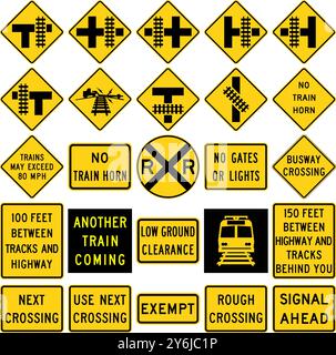 Collection de panneaux d'avertissement de chemin de fer et de chaussée avec indicateurs d'exemption, sans klaxon, faible dégagement et activé sur rail léger. Panneaux routiers aux États-Unis Illustration de Vecteur