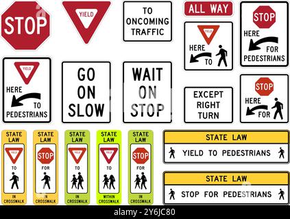 Collection complète de panneaux de contrôle de la circulation : arrêt, rendement, passages pour piétons, zones scolaires et plaques directionnelles pour la sécurité routière. Panneau de signalisation routière Illustration de Vecteur