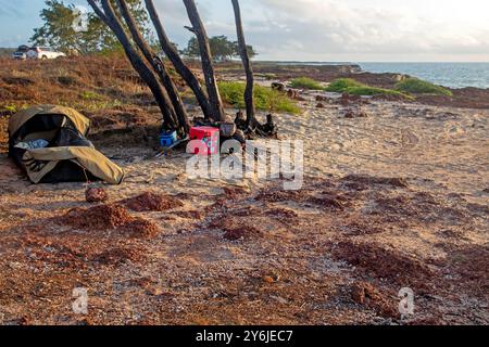 Camping dans un swag à Macassan Beach (Garanhan) Banque D'Images