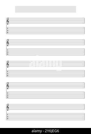 Guitare vierge (6 cordes) tablature avec tableau de score de musique Staff (G clef) modèle de feuille pour écrire de la musique. Format A4 imprimable en mode portrait Banque D'Images