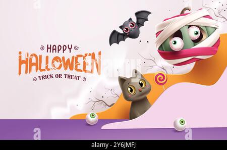 Conception vectorielle de texte de salutation halloween heureuse. Astuce ou gâterie d'Halloween avec mignon personnage de citrouille, de chat et de chauve-souris dans un espace vide blanc coupé en papier Illustration de Vecteur