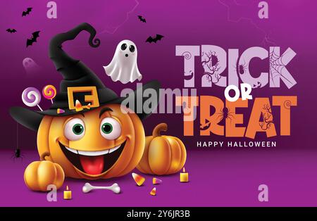 Conception vectorielle de texte Trick or Treat. Carte de voeux Halloween Trick ou Treat avec un personnage de citrouille souriant mignon portant un élément de chapeau noir de sorcière Illustration de Vecteur