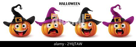Conception d'ensemble vectoriel de citrouilles d'Halloween. Citrouilles de dessin animé d'Halloween dans des visages souriants drôles portant un chapeau noir et violet de sorcière isolé en blanc Illustration de Vecteur