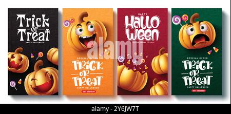 Trick or Treat halloween conception d'ensemble d'affiches vectorielles. Texte de voeux d'Halloween et collection de cartes de réduction de vente avec des personnages de citrouilles pour les vacances Illustration de Vecteur