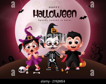 Conception vectorielle de personnages d'enfants d'Halloween. Joyeux texte de voeux d'halloween avec mignonne fille de sorcière, sorcier effrayant et personnage de costume de garçon de vampire dans la nuit Illustration de Vecteur