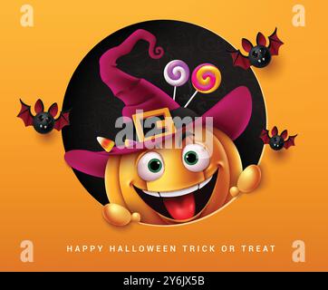 Conception vectorielle de personnage de citrouille d'Halloween. Bonne carte d'invitation halloween avec personnage drôle de citrouille portant un costume de chapeau violet, tenant orange Illustration de Vecteur