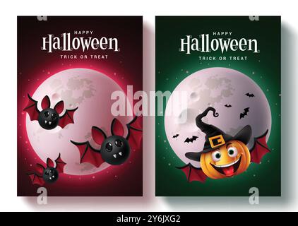 Conception de l'ensemble d'affiches de tours ou de friandises d'Halloween. Bonne carte de voeux halloween avec des éléments drôles de chauves-souris de citrouille en pleine lune rouge et vert effrayant Illustration de Vecteur