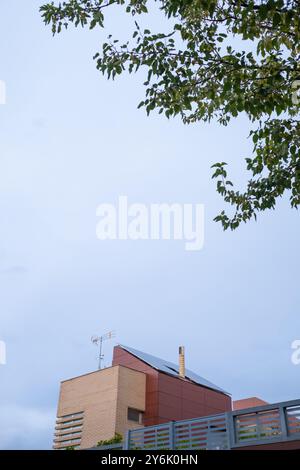 Détail du toit d'un chalet moderne individuel avec panneaux solaires photovoltaïques, le ciel est gris et nuageux. Décarbonisation et groupe durable a Banque D'Images