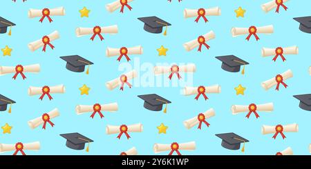 Fond de graduation avec des diplômes avec des rubans rouges et des casquettes de graduation noires avec des étoiles dorées sur un fond bleu clair. Pour l'événement de célébration déc Illustration de Vecteur