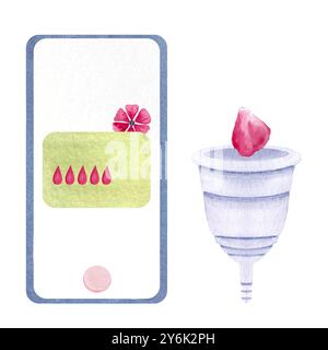 Une application pour le suivi des périodes, une coupe menstruelle avec un ensemble d'aquarelle de pétales roses isolé sur blanc. Idéal pour la conception de soins menstruels respectueux de l'environnement, publicités Banque D'Images