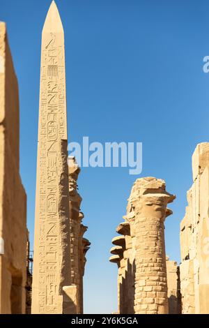 Louxor, Égypte ; 16 janvier 2024 : émerveillez-vous devant le pilier céleste de Thoutmôsis Ier à Karnak. Cet obélisque imposant, érigé par le grand pharaon, était belie Banque D'Images