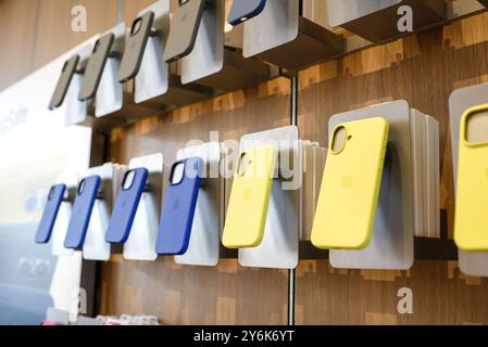 Paris, France - Sep 20, 2024 : coques bleues et jaunes pour iPhone 16 Pro sur des supports à l'intérieur de l'Apple Store, présentant la dernière protection de téléphone Banque D'Images