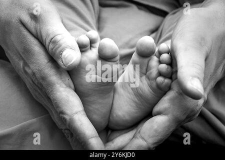 Nouveau-né pieds entre les mains féminines dans une composition en noir et blanc, un joli portrait de famille Banque D'Images