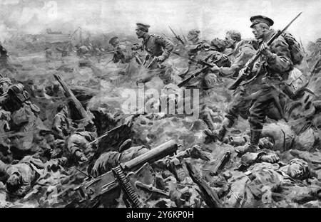 Attaque britannique sur Aubers - chargement de tranchées allemandes. Le village d'Aubers, à environ deux miles au nord-est de Neuve Chapelle, a été mis par les Allemands dans une position forte protégée par des lignes de tranchées. Près de là se trouve une route appelée la rue d'Enfer, ou rue de l'enfer. Le 10 mars 1915 - jour de la prise de Neuve Chapelle - les troupes britanniques attaquèrent une tranchée allemande principale sur une route près d'Aubers , et la prirent , en faisant une base pour une autre attaque le lendemain. Dans la brume tôt le matin du 11e, trois régiments britanniques se sont formés sur les routes , et en trois lignes se sont précipités vers les retranchements allemands p Banque D'Images