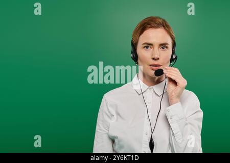 Une femme confiante portant une chemise blanche utilise un micro-casque lorsqu'elle participe aux activités du centre d'appels. Banque D'Images