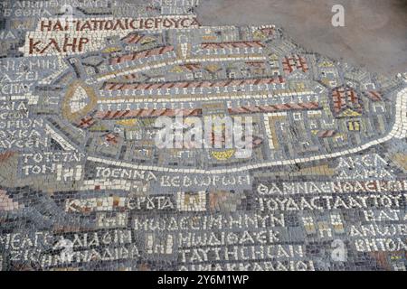 Jordanie, moyen-Orient, mosaïque de madaba, mosaïque dans l'église de réunissant George à Madaba, connue pour être la plus ancienne représentation cartographique de Jérusalem, il Banque D'Images