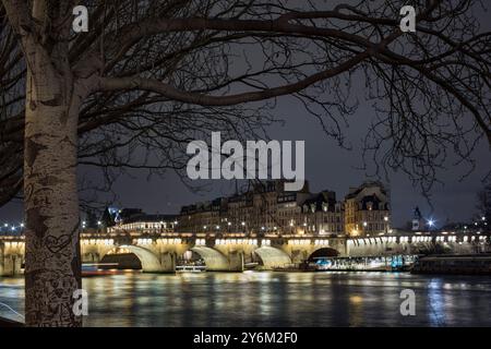 France, Paris, 75, 1er arrondissement, Pont-neuf et Ile de la Cité vus du Quai du Louvre, nuit. Banque D'Images