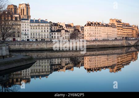 France, Paris, 75, 4ème arrondissement, Ile de la Cité, Quai aux fleurs, reflets de bâtiments de la Seine, février 2023. Banque D'Images
