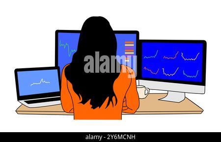 Vue arrière d'une femme d'affaires assise au bureau regardant des écrans d'ordinateur avec des graphiques analytiques de trading d'actions ou de crypto-monnaie. Contour coloré han Illustration de Vecteur