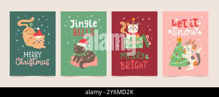 Jeu de cartes de Noël. Personnages de chats amusants mignons avec lettrage dessiné à la main. Modèle de conception d'illustration vectorielle Illustration de Vecteur