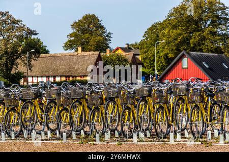 Bien plus d'un millier de vélos de location sont disponibles sur l'île de Ven. Landsvägen, Landskrona kommun, Skåne, Suède Banque D'Images